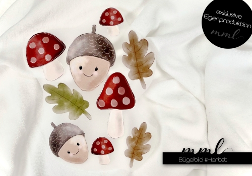 Bügelbilder Set Herbst / Pilze Eicheln Blätter