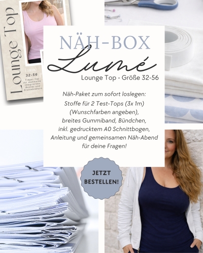 Näh Box Lounge Top Lumé - Näh Set inkl. 3m Stoff (für 2 Tops) Größe 32-56, A0 Druckbogen, E-Book, Nähzubehör (Bündchen, Gummib