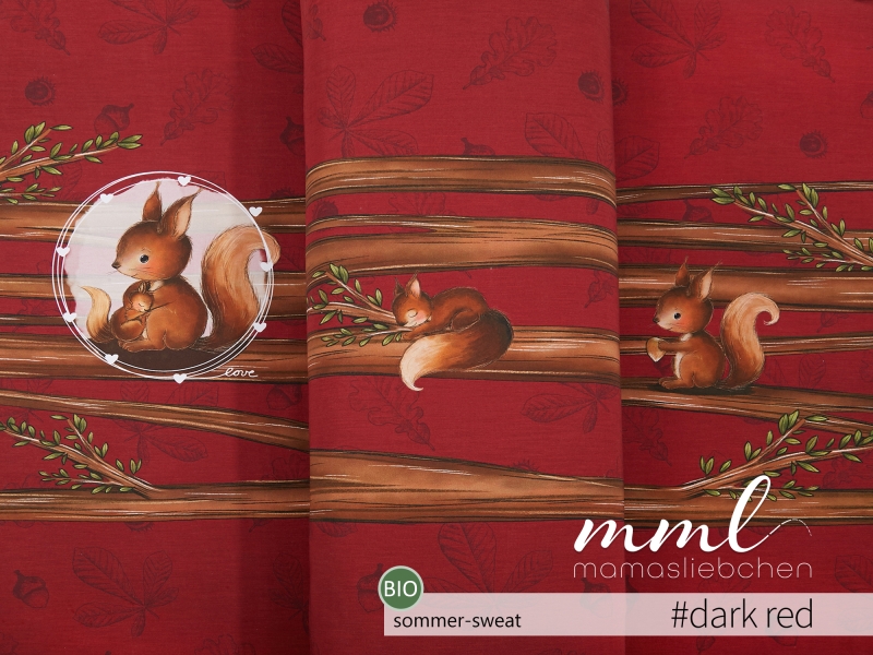 Bio-Sommer-Sweat-Stoff "Hörnchenliebe #dark red" (1 Panel, ca. 0,65m)