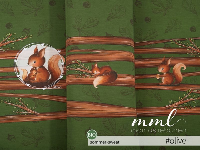 Bio-Sommer-Sweat-Stoff "Hörnchenliebe #olive" (1 Panel, ca. 0,65m)