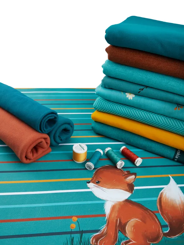 Jersey-Stoff "Fluse Frechdachs #teal rust" (1Panel/ ca.0,75m)
